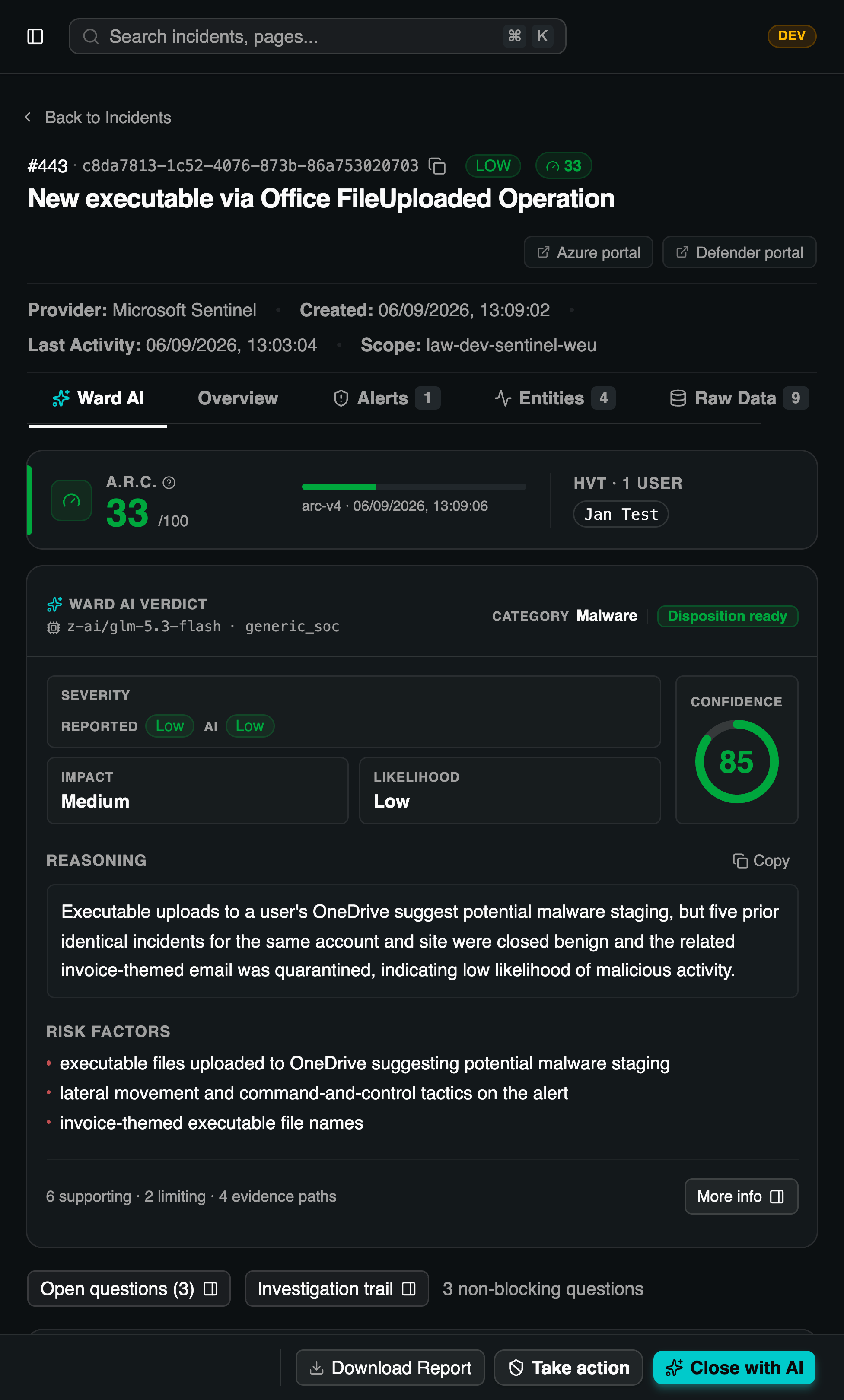 Avalone Ward incident view: Ward AI verdict, ARC score, suggested disposition, and closure steps.